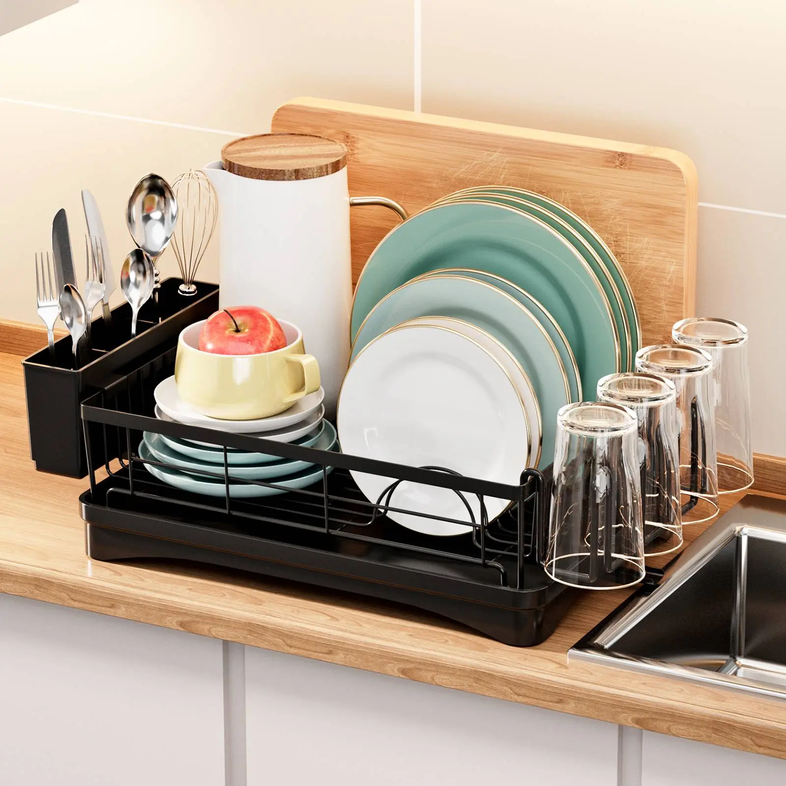 Dish Rack Dish Drainers for Kitchen Counter, Dish Drying Rack Drain Board Set with Utensil Holder, Cup Holder, Kitchen Dishes Storage and Organizers