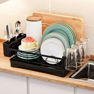 Dish Rack Dish Drainers for Kitchen Counter, Dish Drying Rack Drain Board Set with Utensil Holder, Cup Holder, Kitchen Dishes Storage and Organizers