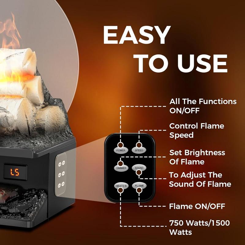 R.W.FLAME Electric Fireplace Insert Log Heater 21",750W/1500W Adjustable 5 Flame Brightness&Speed, Fireplace Insert with Realistic Ember Bed&Traditional Brown Log,Overheat Protection&Remote Control