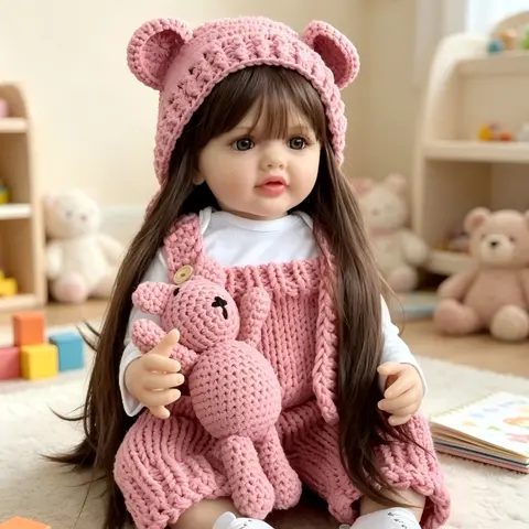 22-Inch (55cm) Lifelike Reborn Newborn Baby Doll - Full Smooth Poseable Vinyl Body with Poseable Legs, Long Brown Wig, Open-Eyes Girl, BPA-Free, Easy-to-Clean, Ready-to-Gift Box Set, Kids’ Birthday Gift (Real Life Doll)