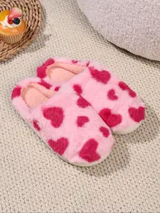 New Fall Winter Comfortable Thick Sole Non-Slip Faux Rabbit Fur Heart Cotton Slippers, Cute Casual Home Warm Shoes for Men and Women
