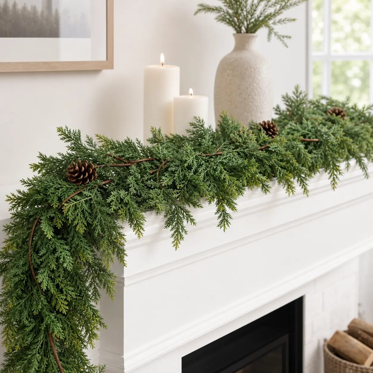 Farmhouse 6.1ft Long Plastic Artificial Cedar Leaf Garland, 1PC Maintenance-Free Faux Greenery for Fireplace Mantel, Indoor-Outdoor Home Decor