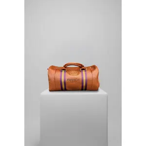 Omega Duffle Bag - Omega Psi Phi Inspired, Pinnacle Collective Heritage  Collection, Caramel Woven Texture, Purple & Gold Stripes, Gold-Plated Emblem, TSA-Compliant, Detachable Strap