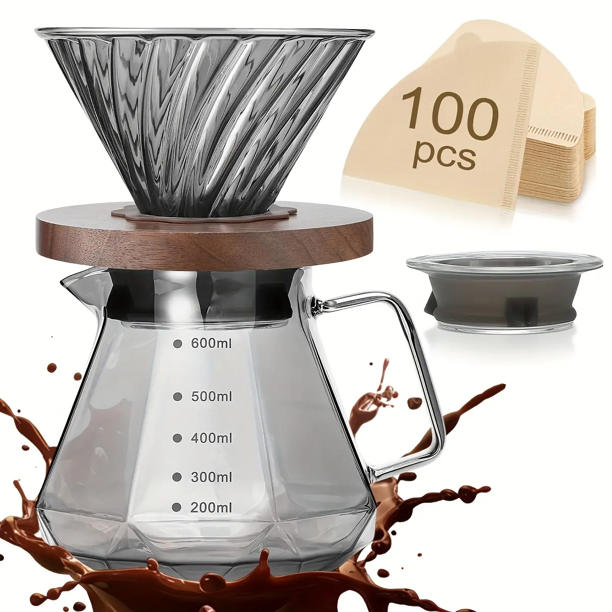 Pour Over Coffee Maker Set, 20 oz Borosilicate Glass Carafe with 100 pcs V02 Paper Filter, Walnut Handle & Glass Lid, Drip Coffee Maker for Home Café Restaurant Camping, Home Brew Use, 600ml, Gray, Coffee Brewer, Camping Coffee Makers