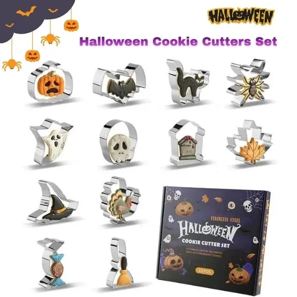 Halloween Cookie Cutters 12PCS Set, Stainless Steel Biscuit & Fondant Cutters, Pumpkin Ghost Bat Black Cat Skull Witch Spider Baking Tools