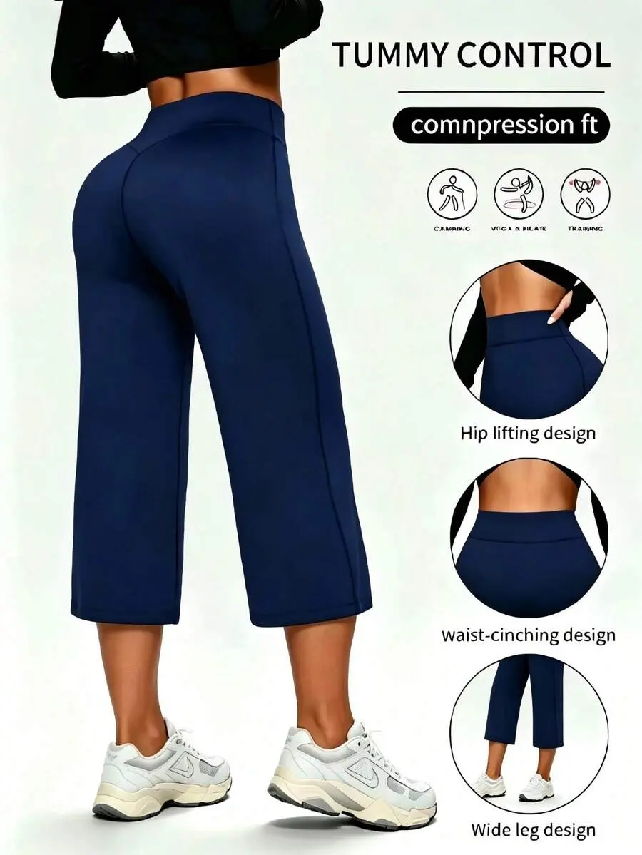 Women High Waist Yoga Pants, Casual Sports Straight Leg Trousers, Slimming Flared 3/4 Length Pants, Athleisure