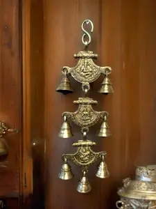 Beautiful Brass Ganesh , Laxmi & Sarswati Belt with Bells on both the for Mandir, Home Décor - Traditional Wall Hanging Decor