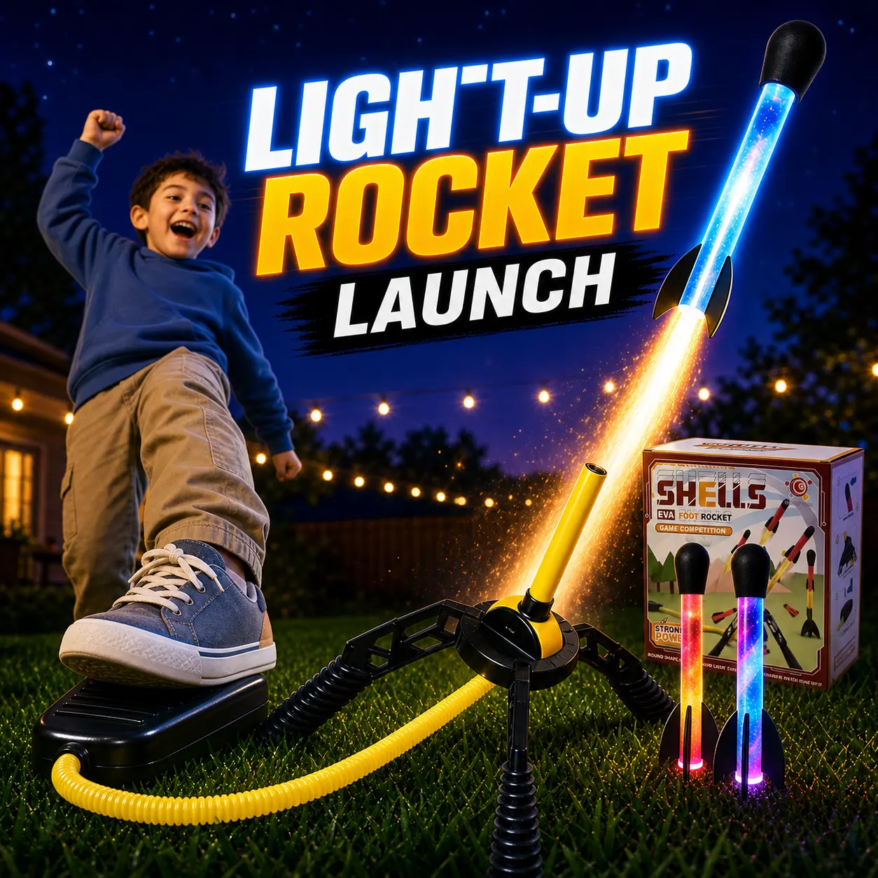 Glow-in-the-Dark Kids' Soft Foam Stomp Rocket Launcher - Sports Science Unisex Outdoor Toy, 300 ft Flight, Memory Training & Observation, No Batteries, Gift for Kids (Backyard/Park Summer Use)
