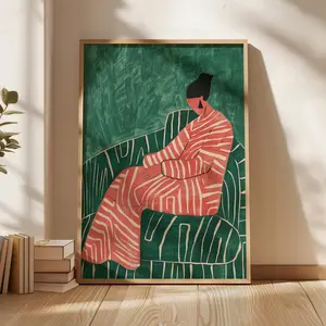 Abstract Woman Print: Green & Pink Minimalist Art Frameless 1