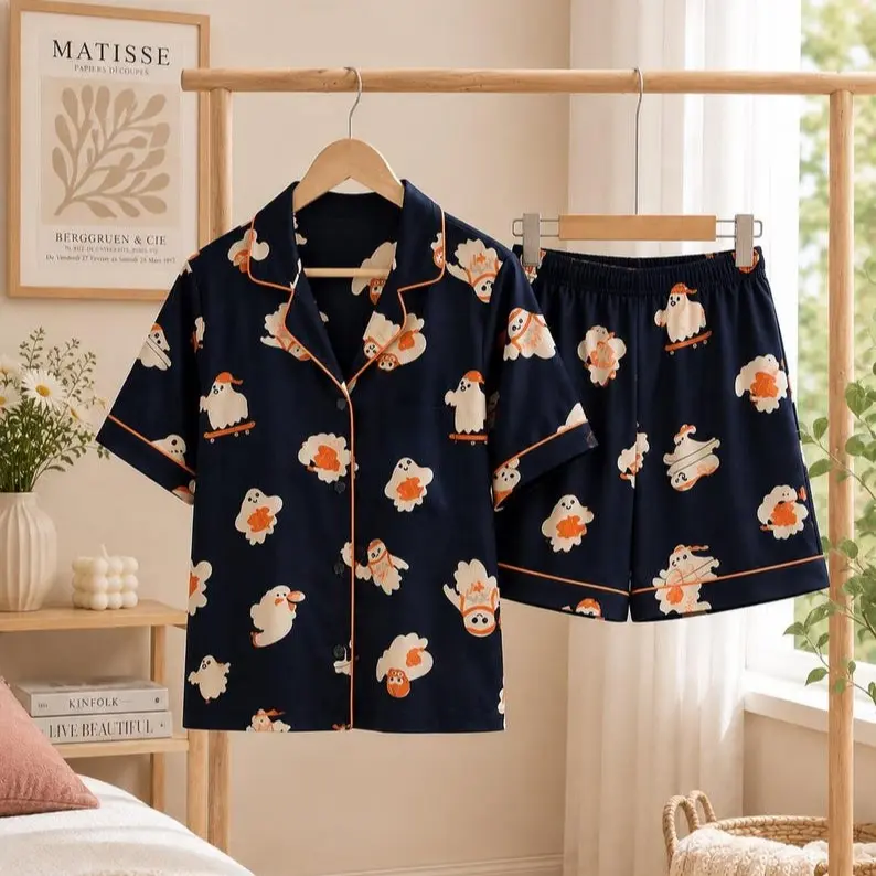 Halloween Ghost Pajama Set, Navy Button Up Shirt and Shorts, Cute Spooky Sleepwear, Fall Loungewear, Halloween Gift