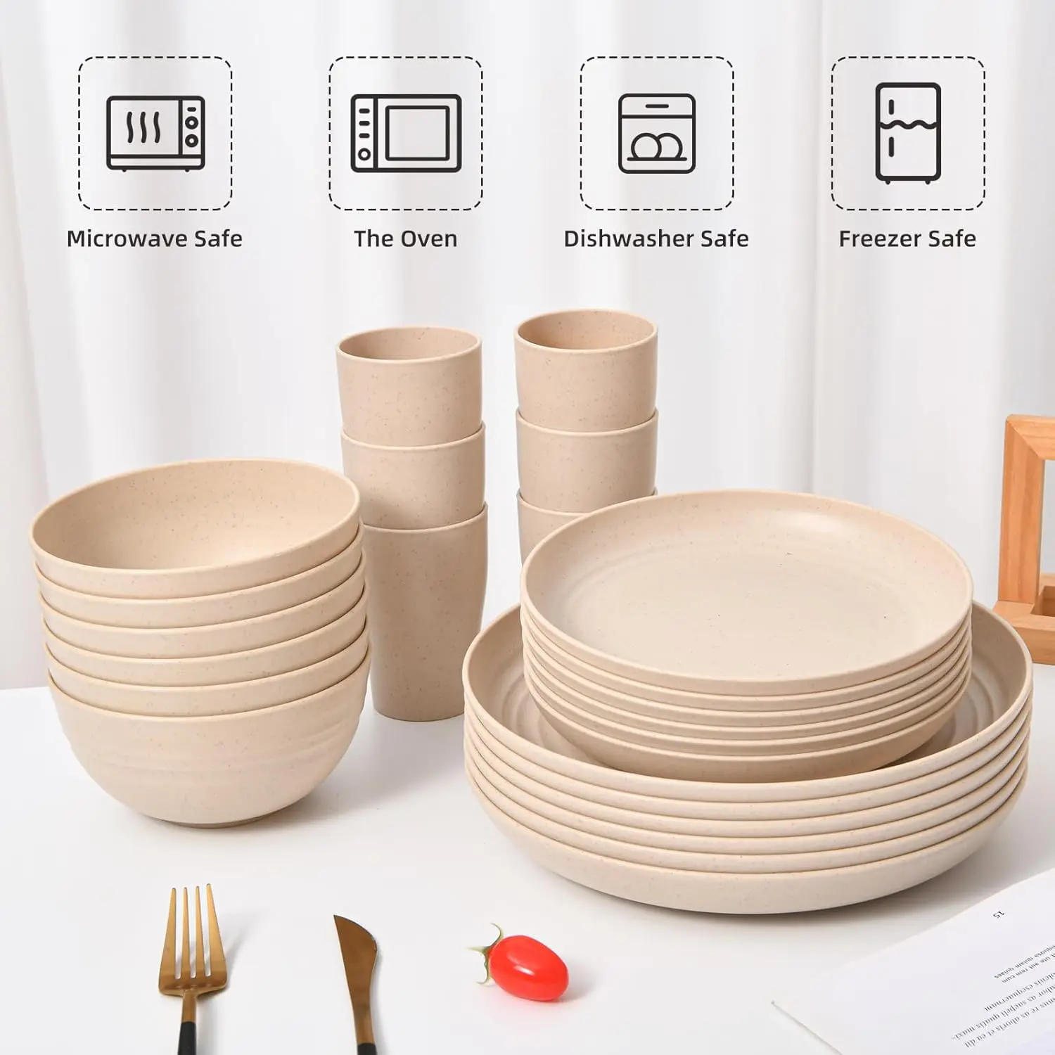 MIUVA 16Piece Wheat Straw Dinnerware Set - Plates and Bowls for 4, Unbreakable, Dishwasher & Microwave Safe, Reusable, Lightweight Tableware, Ideal for Camping and Everyday Use, Beige Color, Solid Design
