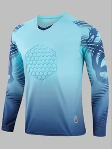 Men's Colorblock Geometric Print Long Sleeve Football Goalkeeper Top, Breathable Quick Drying Sports Top, Football Training Top for Men, Soccer Jerseys