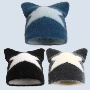 Fuzzy Y2K Cat Ear Hat Crochet Beanie Handmade Accessories Valentine’s day Anniversary Gift for Her Girlfriend Boyfriend Trendy E Girl for Women and Men Warm Hat Unisex Vintage Fashion Style cat