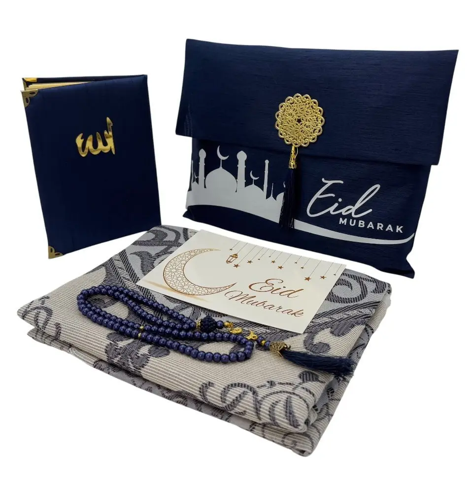 Eid Mubarak Gift Set - Prayer Rug, Dua Book and Prayer Beads in Satin Bag - Blue