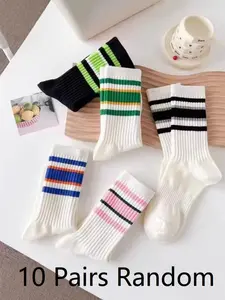 10 Pairs Random Striped Crew Socks for Women & Men, Retro Colorful Chic Mid-Calf Casual Athletic Socks, Perfect for Daily Wear