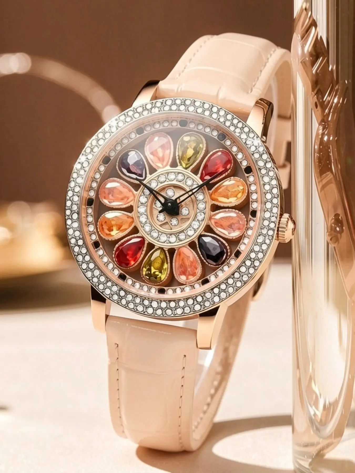Women's Rose Gold Watch with Light Crocodile Strap, Quartz Movement, Casual Style, Perfect for Commuting, Dating, and Leisure