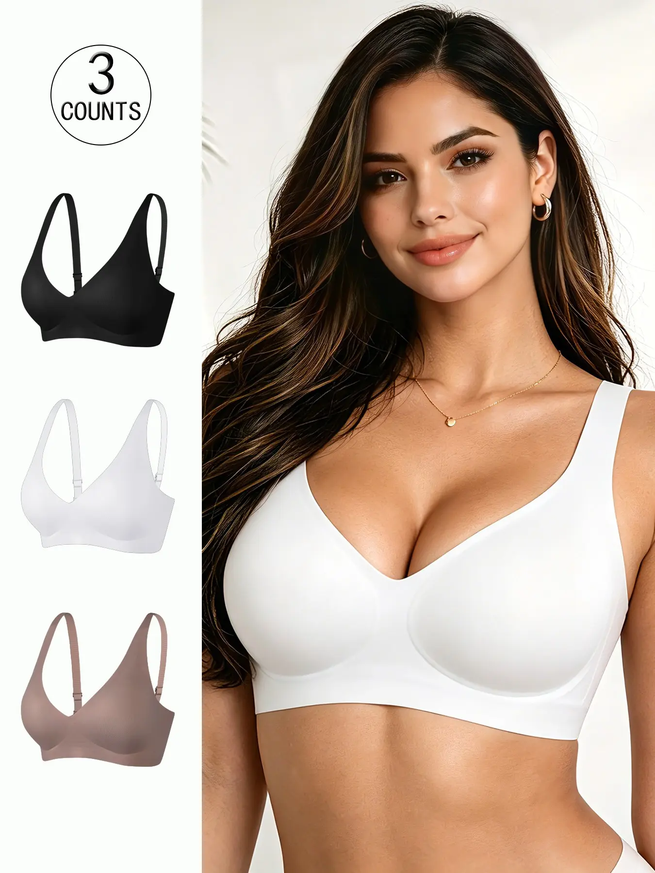 3 Pack / 4 colors High-Quality Seamless Smooth Jelly Everyday Essential Bra, Adjustable Straps, Full Coverage, Backless, Medium Support, Comfortable & Breathable, Women's Lingerie