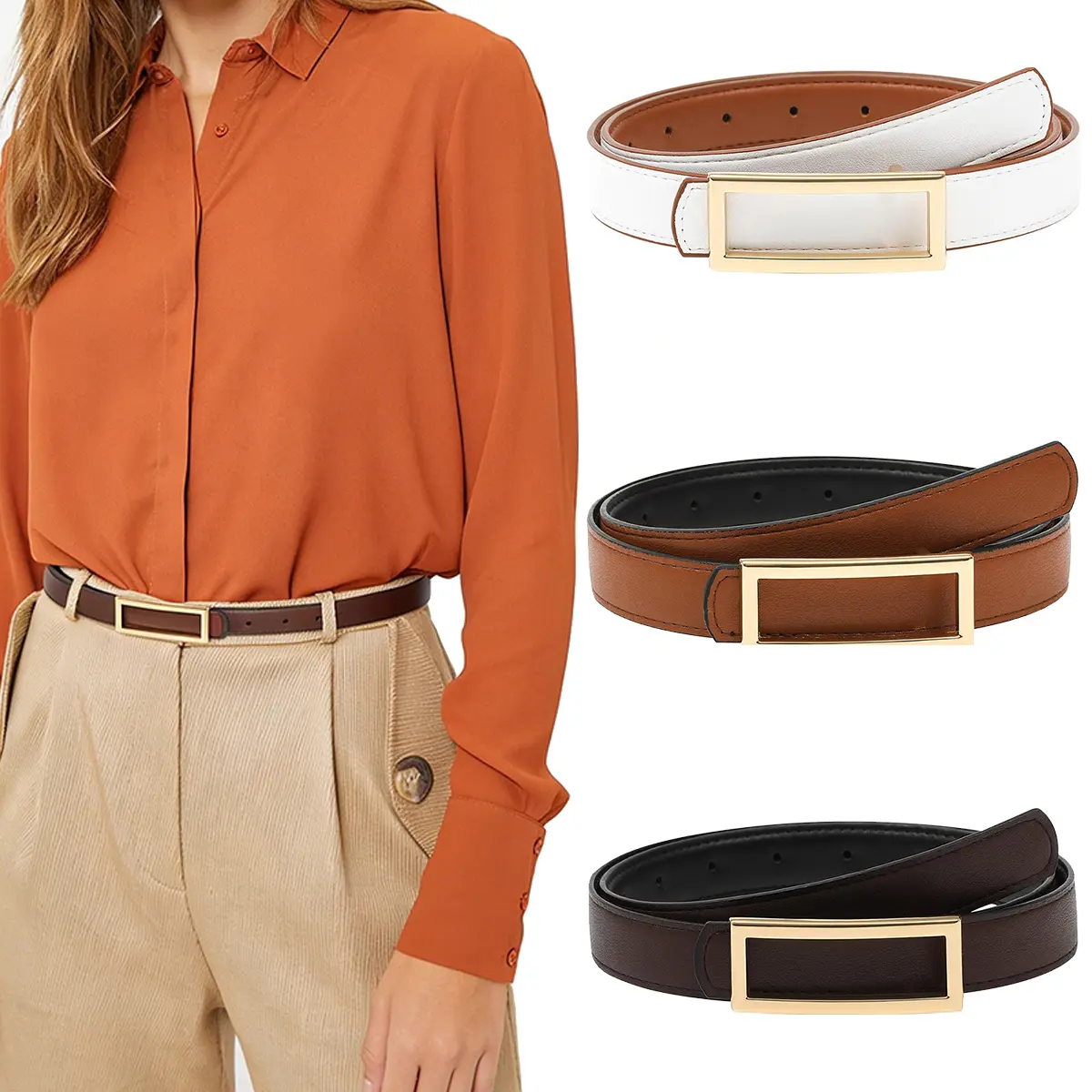 AWAYTR Women's Reversible Leather Belt - 2-in-1 Skinny Casual Dress Belt with Metal Buckle, Versatile Fashion Accessory for Jeans & Dresses, Metal Buckle Belt