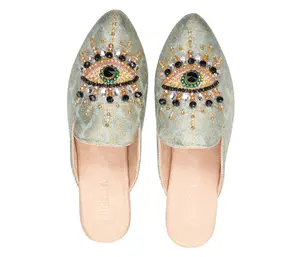 Pointed Toe Artisanal Good Eye Mint Women's Mule Slipper Shoes with Embroidery