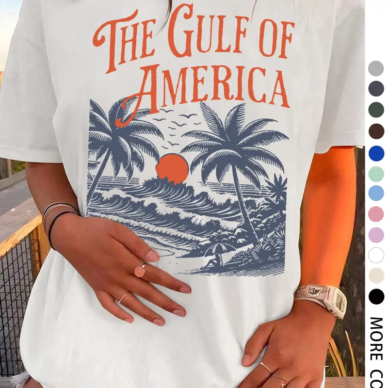 Women's The Gulf Of America Print Round Neck Tee, Casual Short Sleeve Crew Neck T-shirt for Summer, Fashion Women's Top for Daily Wear, Streetwear, Casual Loose Tee, Beachy Tee, Loose Clothes