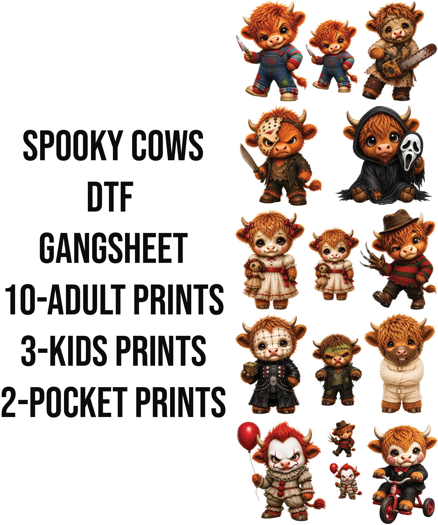 Spooky Cows DTF Gangsheet, DIY Printmaking Accessory for Shirtmaking