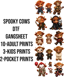 Spooky Cows DTF Gangsheet, DIY Printmaking Accessory for Shirtmaking