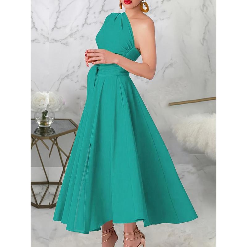 Women's Asymmetrical Neck Sleeveless Emerald Green Maxi Dress with Pleated Detail - Plain Solid Color Summer Golf Outfit