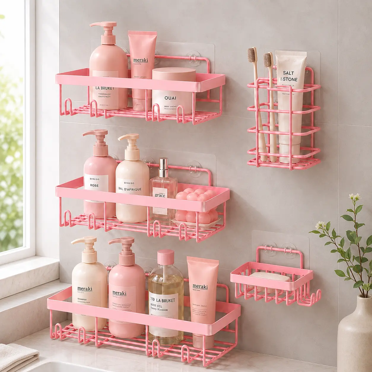 5-Piece Carbon Steel Adhesive Shower Hanging Caddy Set - Traditional Bathroom Space Saver, No-Drill Wall Mount Storage Organizer with Hooks, Toothbrush Holder, Soap Dish, Waterproof Rustproof Compact Large-Capacity Shelves for Shampoo, Toiletries