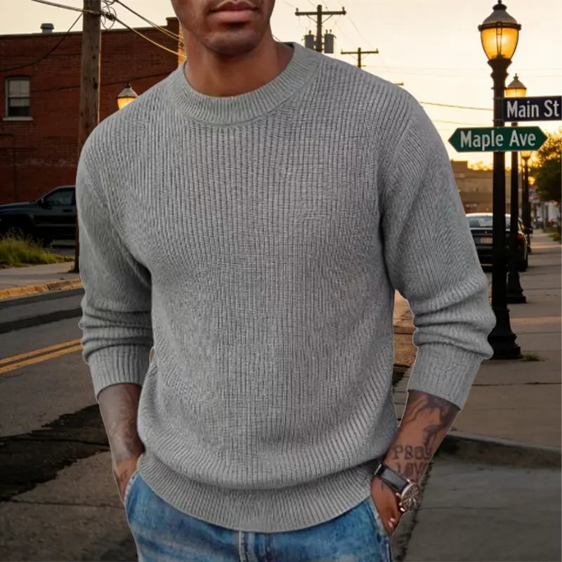 Men's Plain Long Sleeve Chunky-Knit Sweater - Menswear Casual Top with Mature Understated Vibe, Textured Design, Relaxed Fit, Dropped Shoulders, Fitted Hem for Strolling, Guest Entertainment