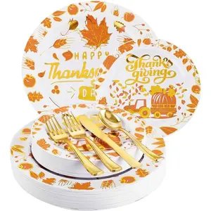 125 Pcs Thanksgiving Plastic Plates with Gold Plastic Silverware, Orange and Gold Disposable Plates Include: 50 Gold Plastic Plates, 25Forks, 25Knives, 25Spoons Perfect For Thanksgiving & Party
