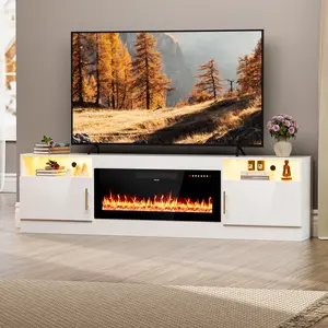 【2 Packages Shipping】AHB 80” TV Stand with 36" Electric Fireplace for TVs Up to 90 inch, LED Light Entertainment Center with High Gloss Door, Modern Media Console Cabinet for Living Room