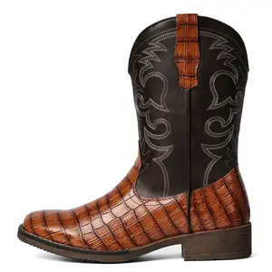 Cowboy Boots for Men Embroidery Men's Western Boots Retro Square Toe Mens Boots Brown Crocodile-Textured Design All-Day Comfort Durable Construction Lightweight Supportive Easy Care Versatile Style
