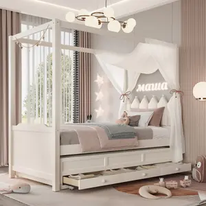 [Bellemave]Twin /Full Platform Bed with Upholstered Headboard,Twin Size Trundle and 3 Drawers,Princess Canopy Bed Frame for Kids,Storage & Easy Assembly,Beige