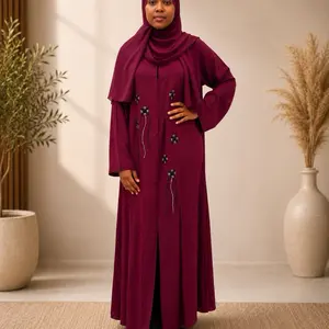 Women's Burgundy Plum Open Abaya, Modest Islamic Outerwear for Daily Wear