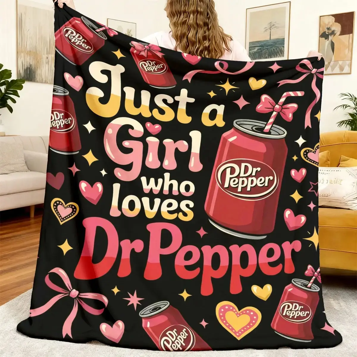 Just a Girl Who Loves Dr Pepper Blanket, Cute Coquette Pink Bow Plush Fleece Throw, Super Cozy Flannel Bedding for Teen Girls Women Bedroom Decor Aesthetic, Funny Soda Lover Merch Gifts Y2K Room Couch Snuggle Lightweight Must-Have Trendy Gift Ideas!!