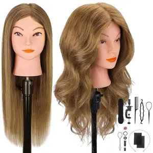 Mannequin  with  Real Hair for ,  18" Light Brown Hairdresser   with Clamp Holder and Tool, Doll  Mannequin  for Hair Styling Practice