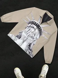 Men's Regular Fit Statue Of Liberty Print Graphic Zip Up Jacket, Casual Fitted Jacket, Casual Fashion Comfy Long Sleeve Collared Outerwear for Daily Outdoor Wear, Men Cloths for Spring & Fall, Longsleeves Jackets for Men, Menswear, Clothes