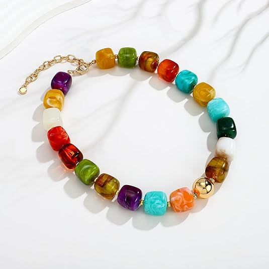 Colorful Chunky Necklaces for Women Trendy Multicolor Large Square Resin Beads Necklace Boho Chunky Statement Choker Necklaces Y2K Summer Jewelry