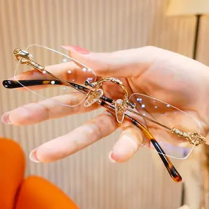 Frameless Reading Glasses with Clear Lenses, Diamond-Cut Edges & Fashion Metal Temple Decor, HD Vision