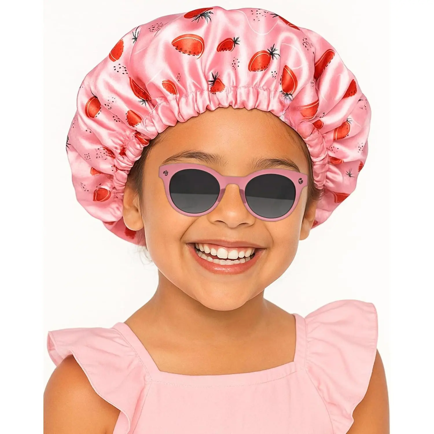 L-HDW0104 Baby Satin Bonnet Sleep Cap - Double Layer Reversible Adjustable Silky Satin Cap for Infant Toddler(5-12 Year,Strawberry)