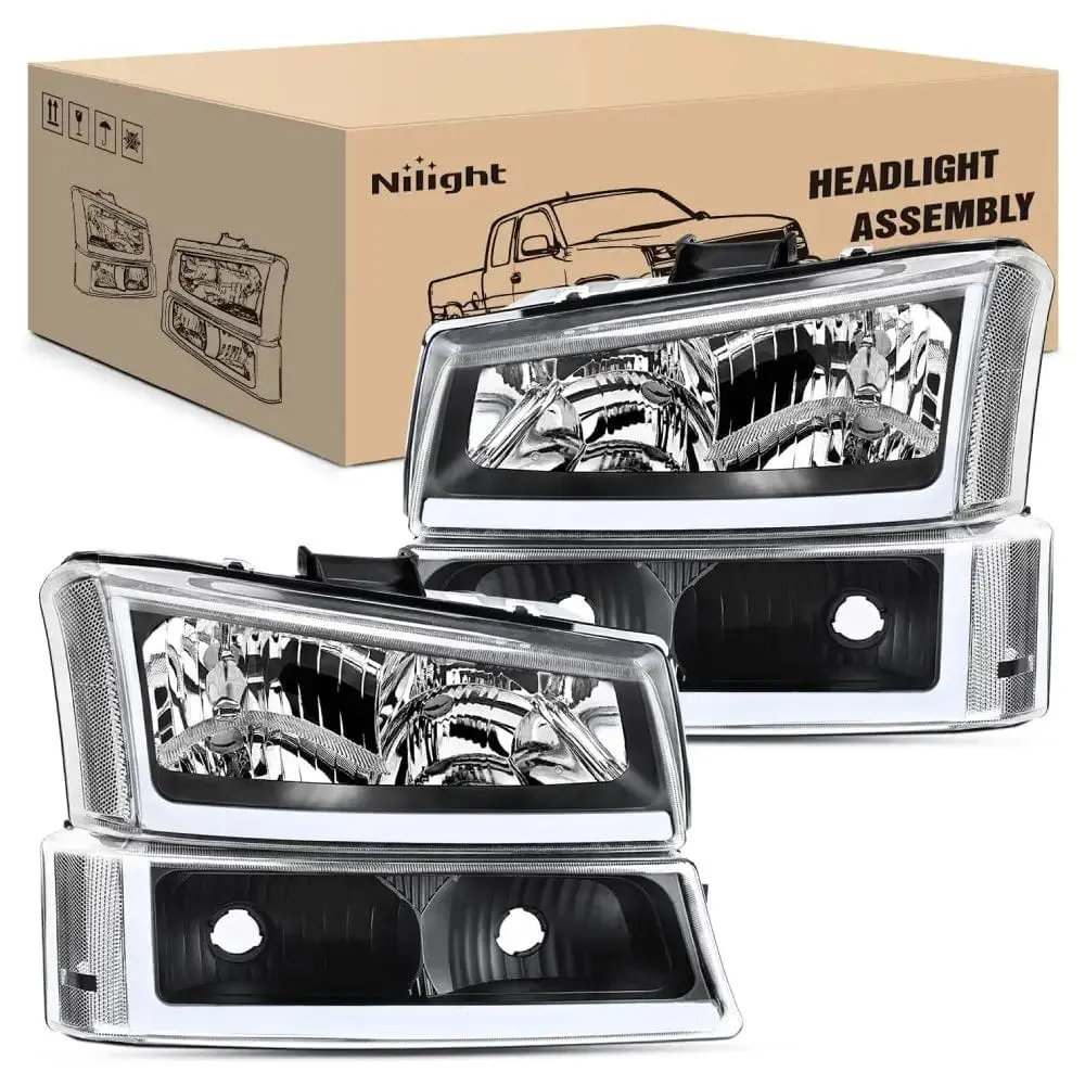 Nilight 2003 2004 2005 2006 2007 Chevy Silverado Avalanche 1500 2500 3500 Headlight Assembly Black Case Clear Reflector DRL