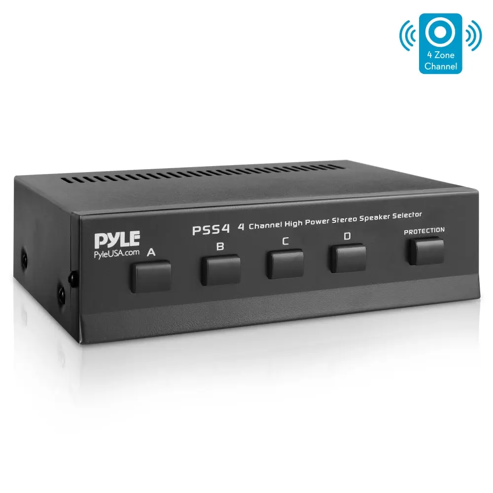 4-Zone Audio Stereo Speaker Switch Selector - 4-Pair Speaker System, 100W (watts), 8 Ohm Impedance, Built-in Protection Circuitry, 20hz-20khz Frequency Response, 7.48in(W) x 1.97in(H) x 4.72in(D), 7.48''(W) X 1.97''(H) X 4.72''(D)