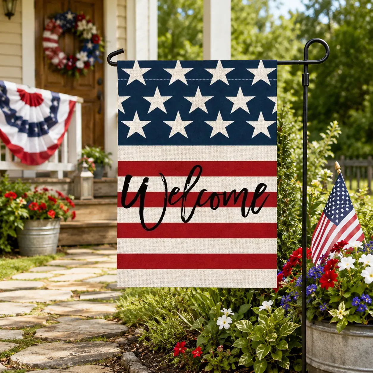 4th of July Patriotic Welcome Garden Flag 12x18 Inch, Double-Sided Waterproof American Flag Yard Banner, Vintage Stars & Stripes Outdoor Decor