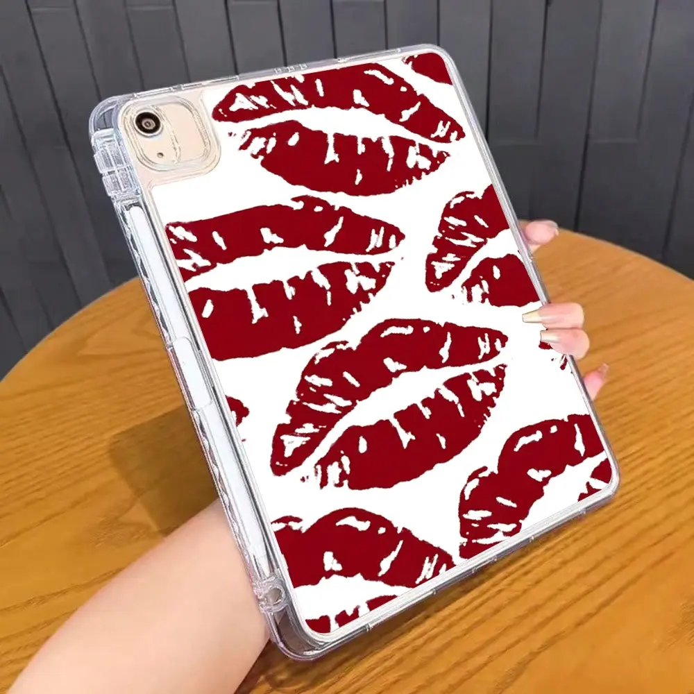 Red Lip Print TPU Shockproof Clear iPad Case, Slim Soft Cover with Built-in Pencil Holder, Compatible with iPad 10.5/10/9/8/7, Mini 4/5/6, Air 4/5/6 & Pro 11"Series.Slim Portable Single-Side Protection