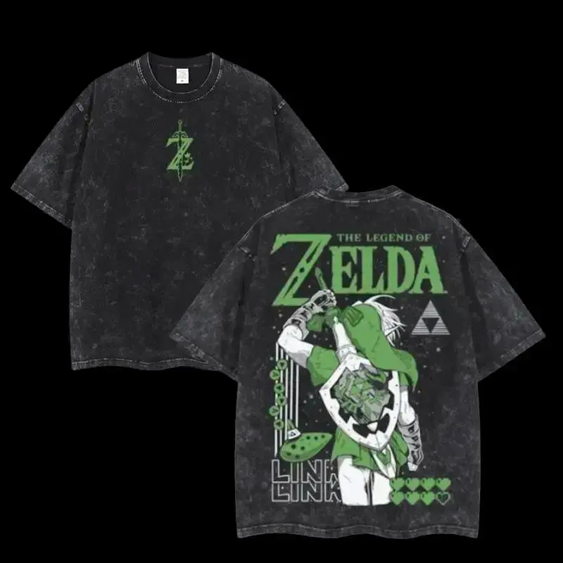 Men's Legend of Zelda Double-Printed Oversized Round Neck Cotton Graphic T-Shirt - Simple, Casual, Loose, Lightweight Acid-Washed Fabric Top with Matching Hem, Unisex Streetwear Basic