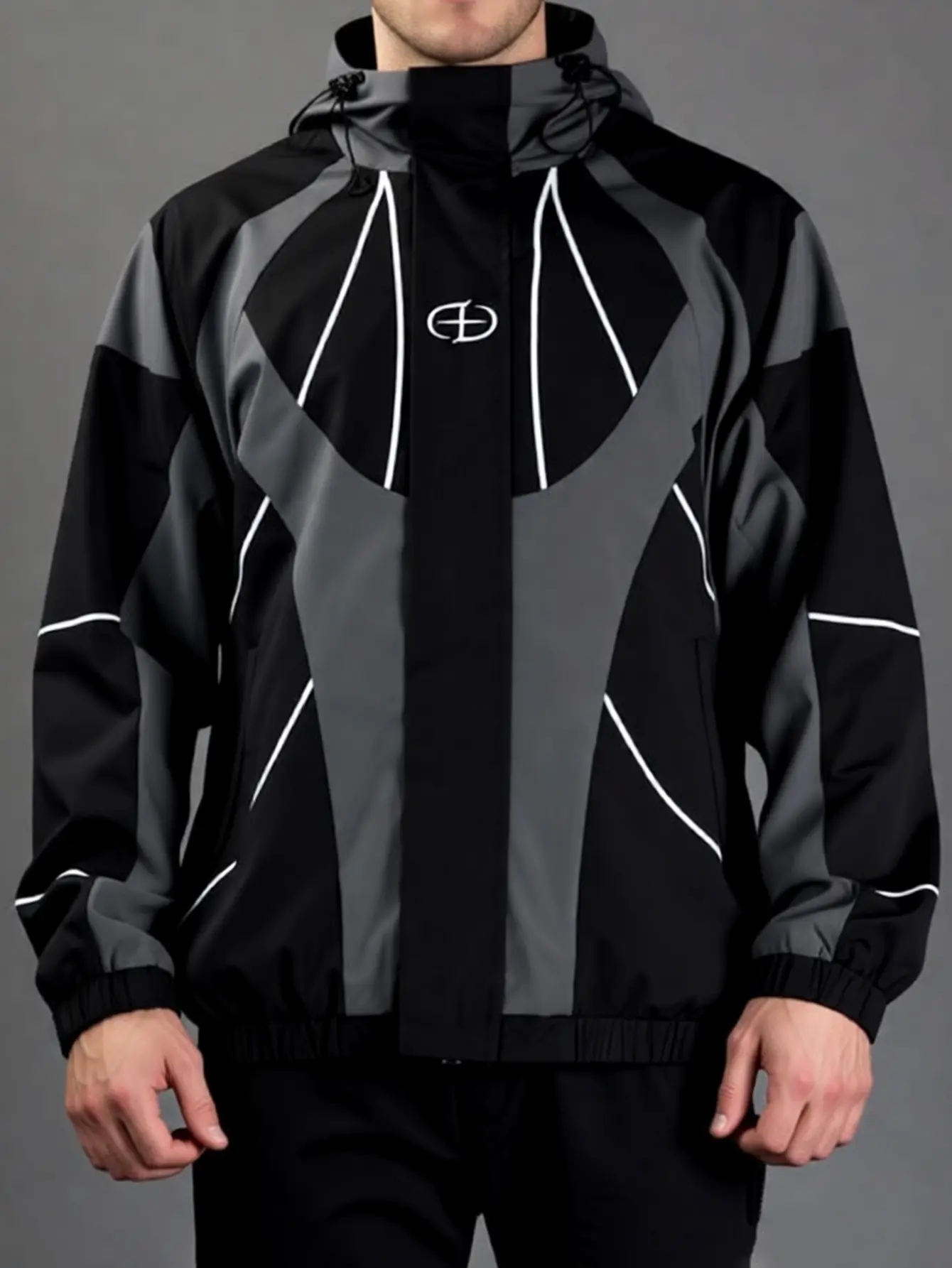 Men's Color-Block Windbreaker Jacket, Casual Long Sleeve Hoodie with Drawstring Cap, Windproof Sweatshirts for Campus Outfits, Tops, Fashion, Menswear, Stylish