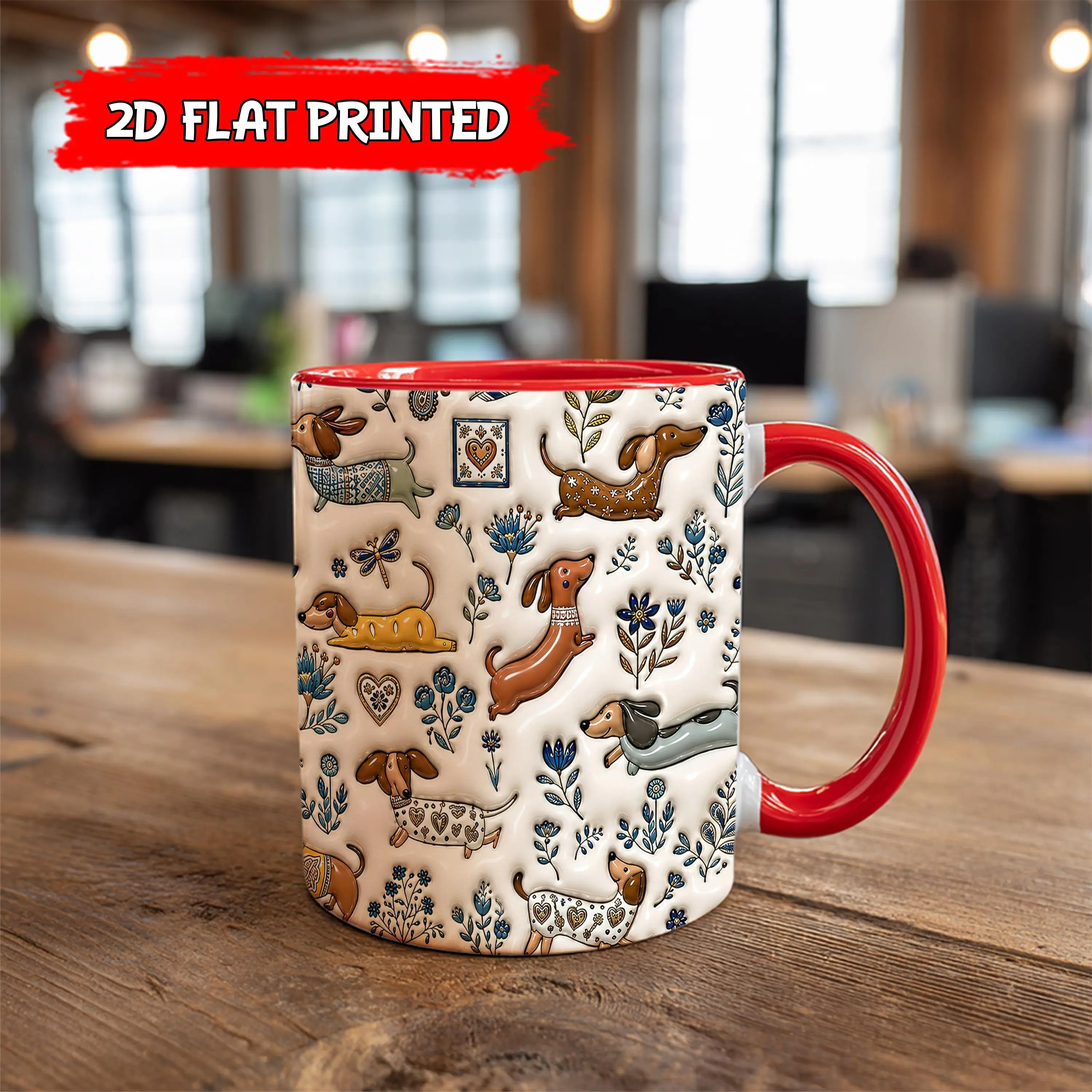 Dachshund Ceramic Mug, Cute Wiener Dog Lover Gift, Faux 3D Embossed Effect Accent Coffee Cup, Custom Doxie Dog Mom Coffee Mug
