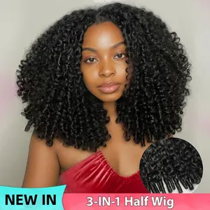 【Hot Sale】Lemoda Half Wig Human Hair Burmese Curly Wig for Women 200 Density 3 In 1 Seamless Flip Over Half Wigs Beginner Friendly Glueless Wigs Human Hair with Spiral End Natural Color