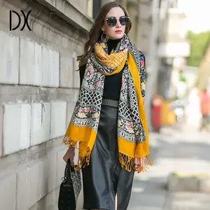 DANA XU 100% Merino Wool Extra Large Pashmina Blanket Travel chunky Scarf Cashmere Wrap for Women Fall Winter Oversize Shawl Floral Fashion Style
