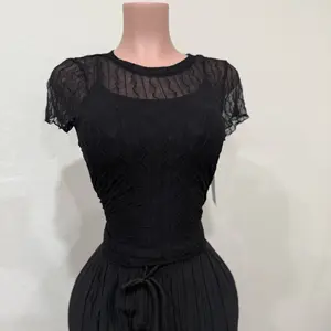 Black Lace Overlay Shirt with Short Sleeves and Drawstring Waist for Women